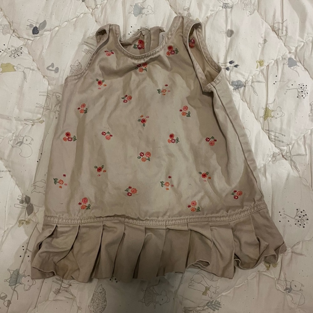 Khaki Floral Sleeveless Dress with Ruffle Hem